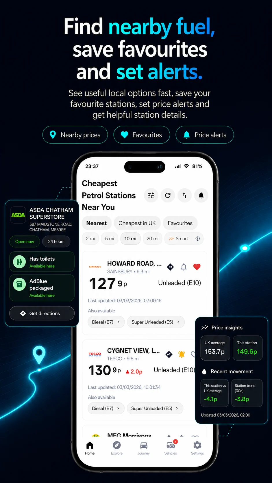 Route and Fuel app screenshot: Find nearby fuel, favourites and alerts