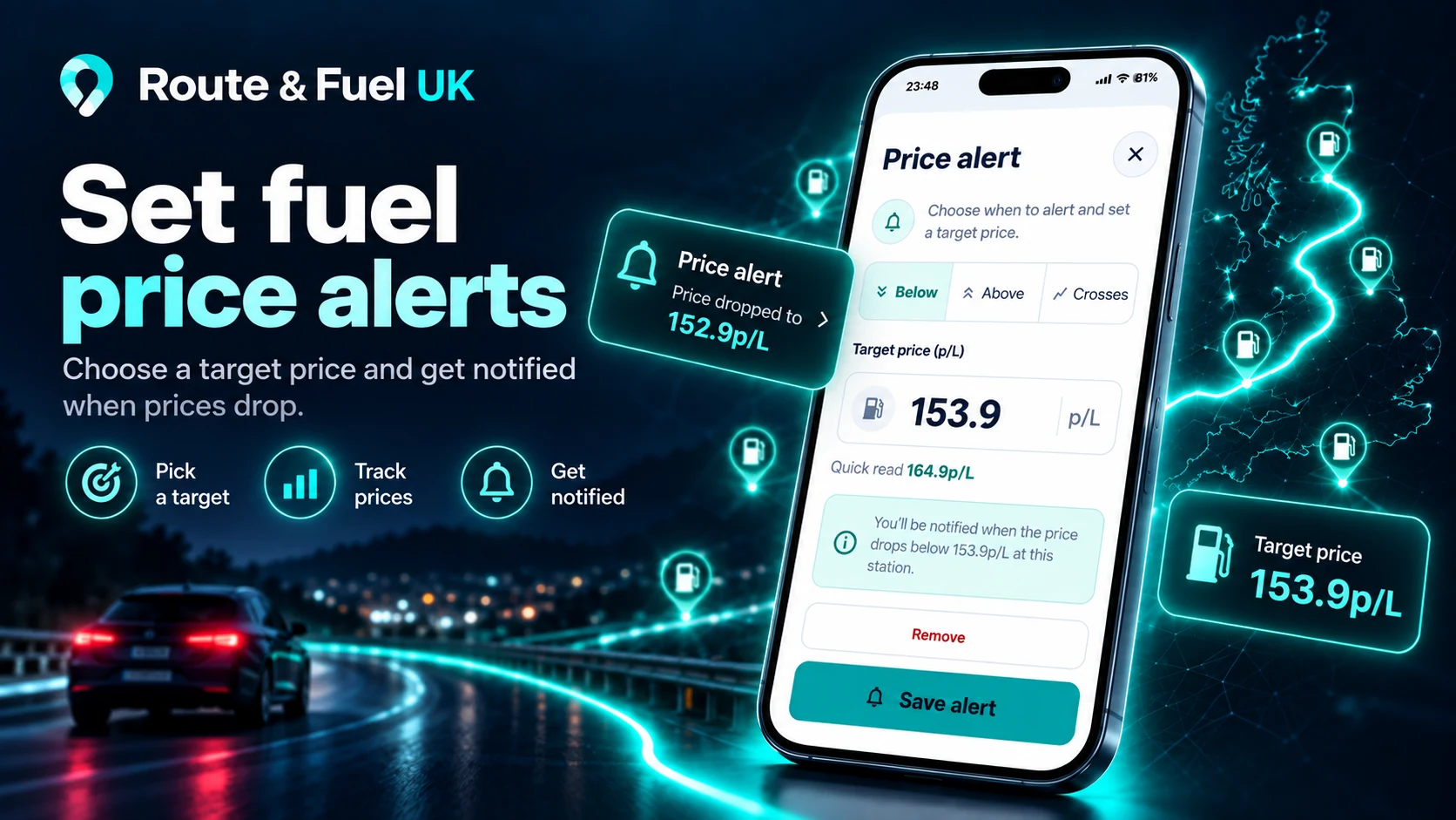 Route & Fuel price-alert form with a selected station and target price.