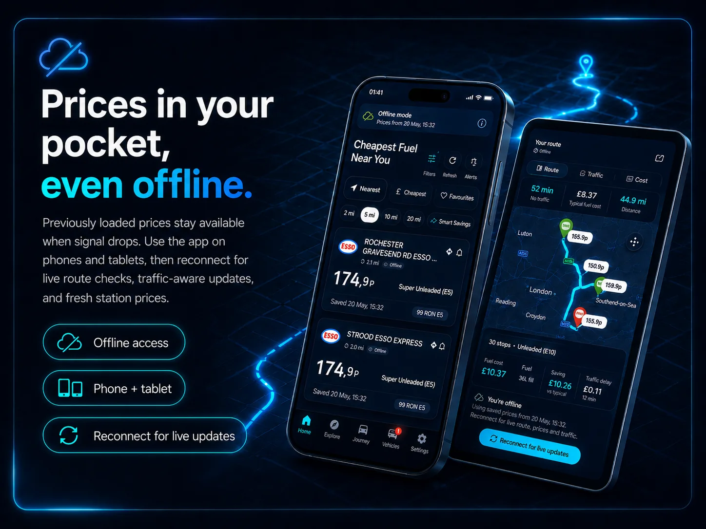 Route & Fuel offline price access on phone and tablet