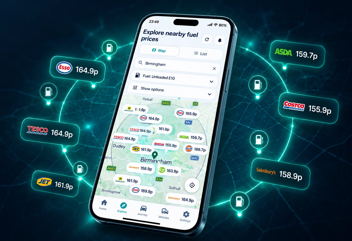 Nearby petrol prices shown on the Route & Fuel Explore map.
