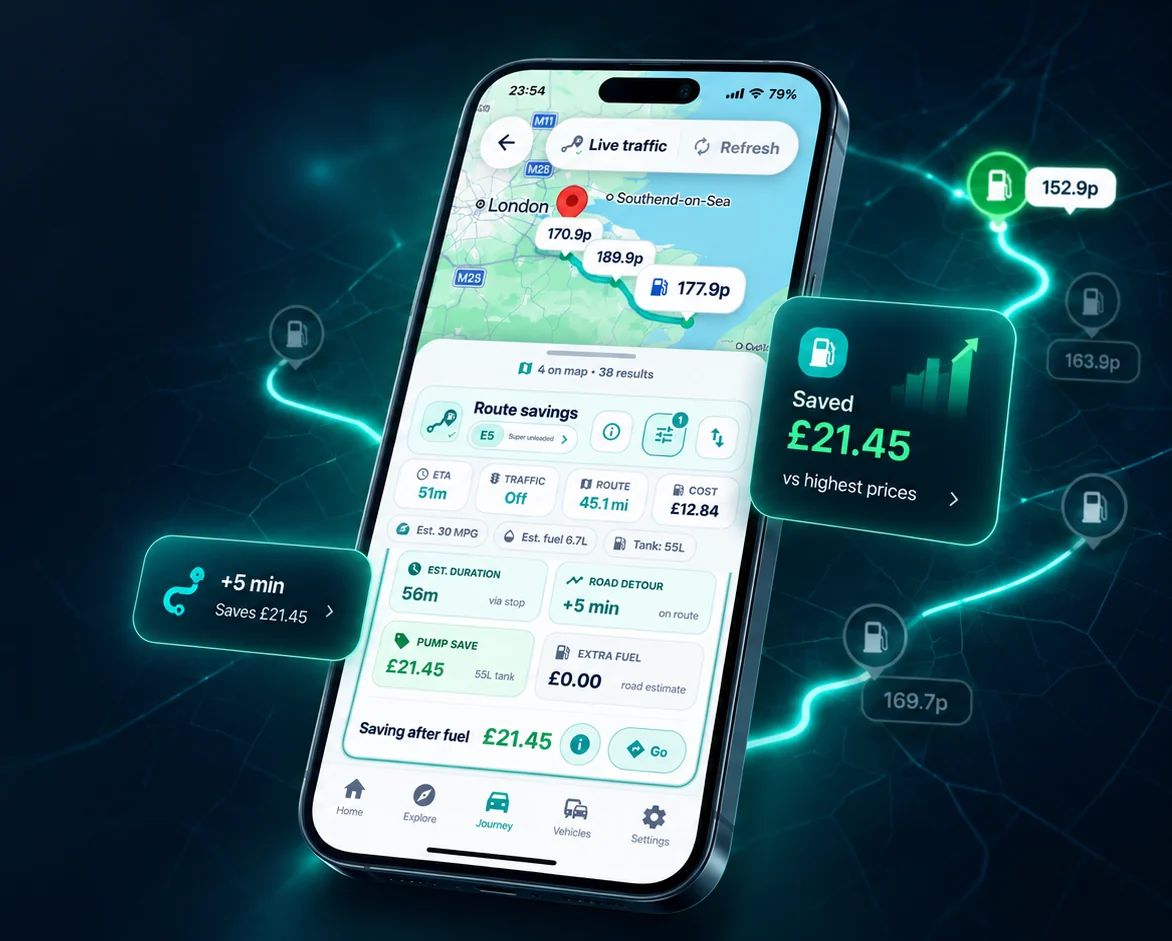 Route & Fuel app showing the route and estimated saving after extra fuel.