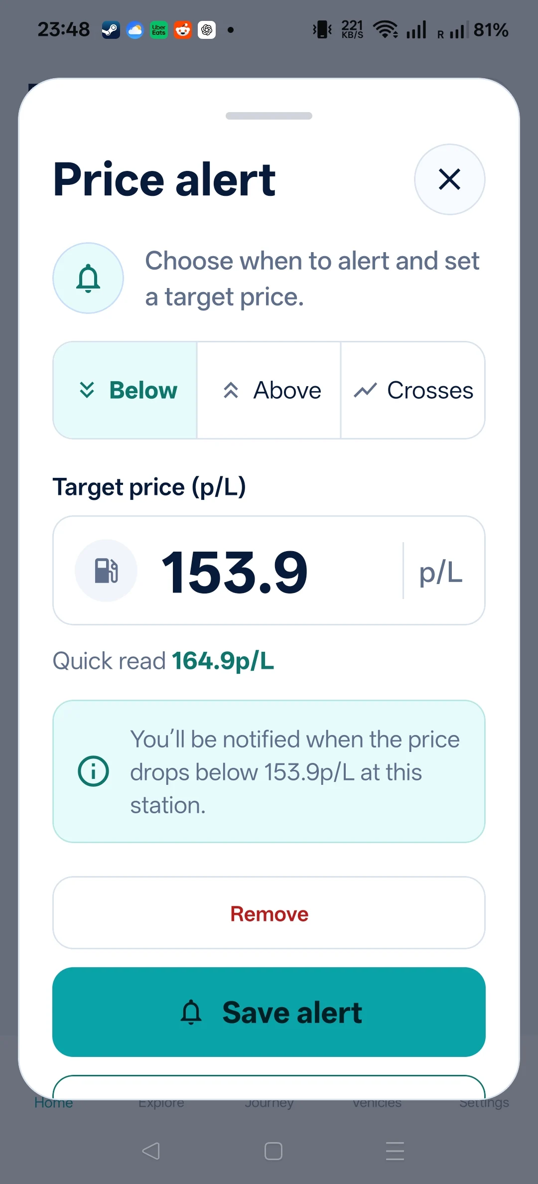 Route & Fuel Android screenshot: set a price alert.