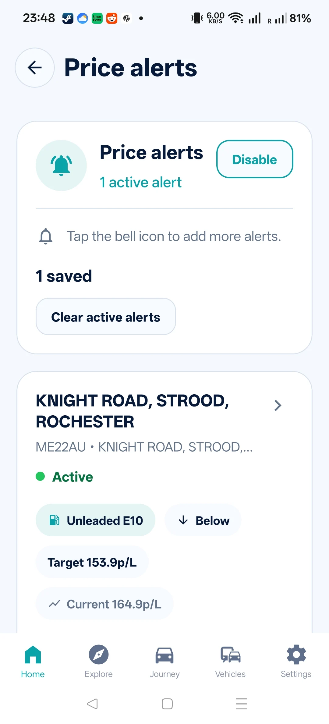 Route & Fuel Android screenshot: saved price alerts.