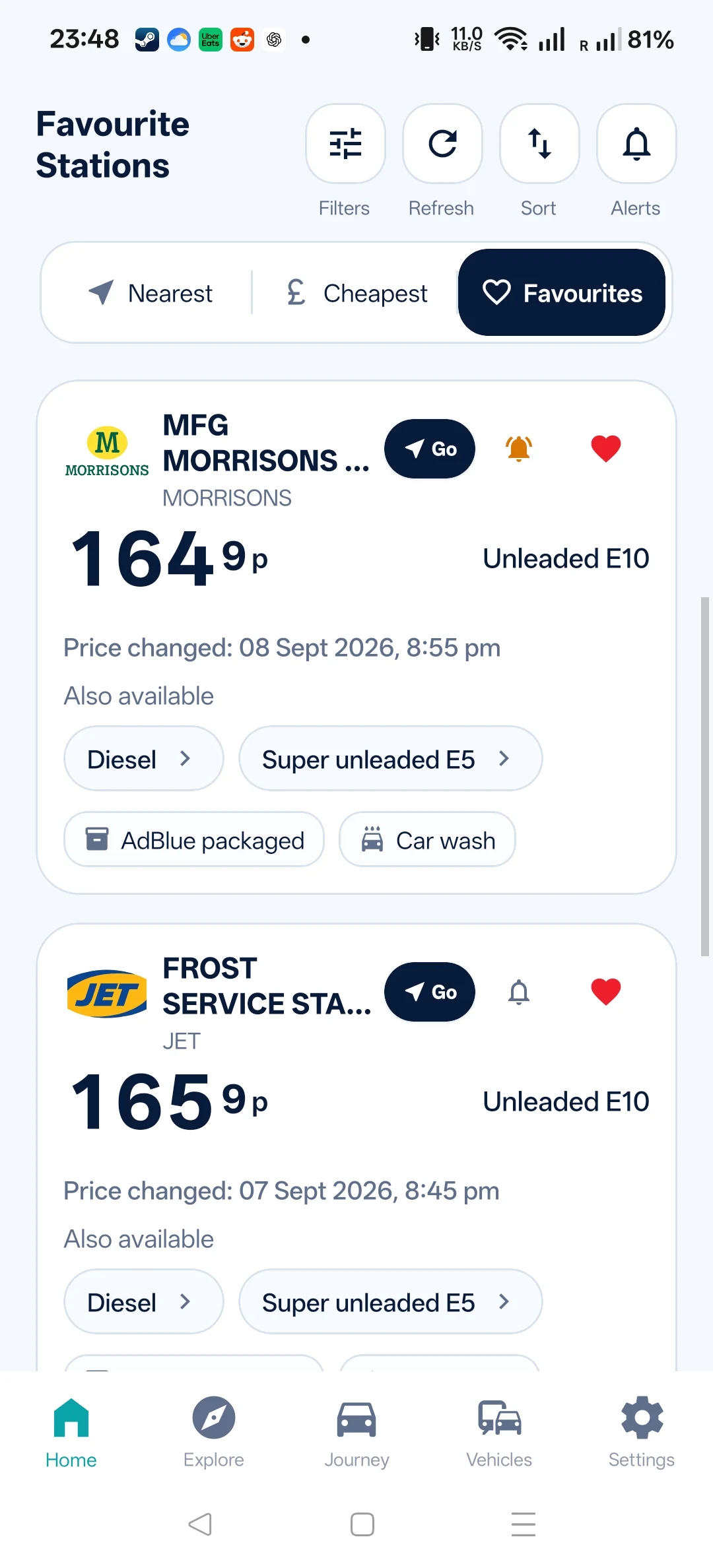 Route & Fuel Android screenshot: favourites.