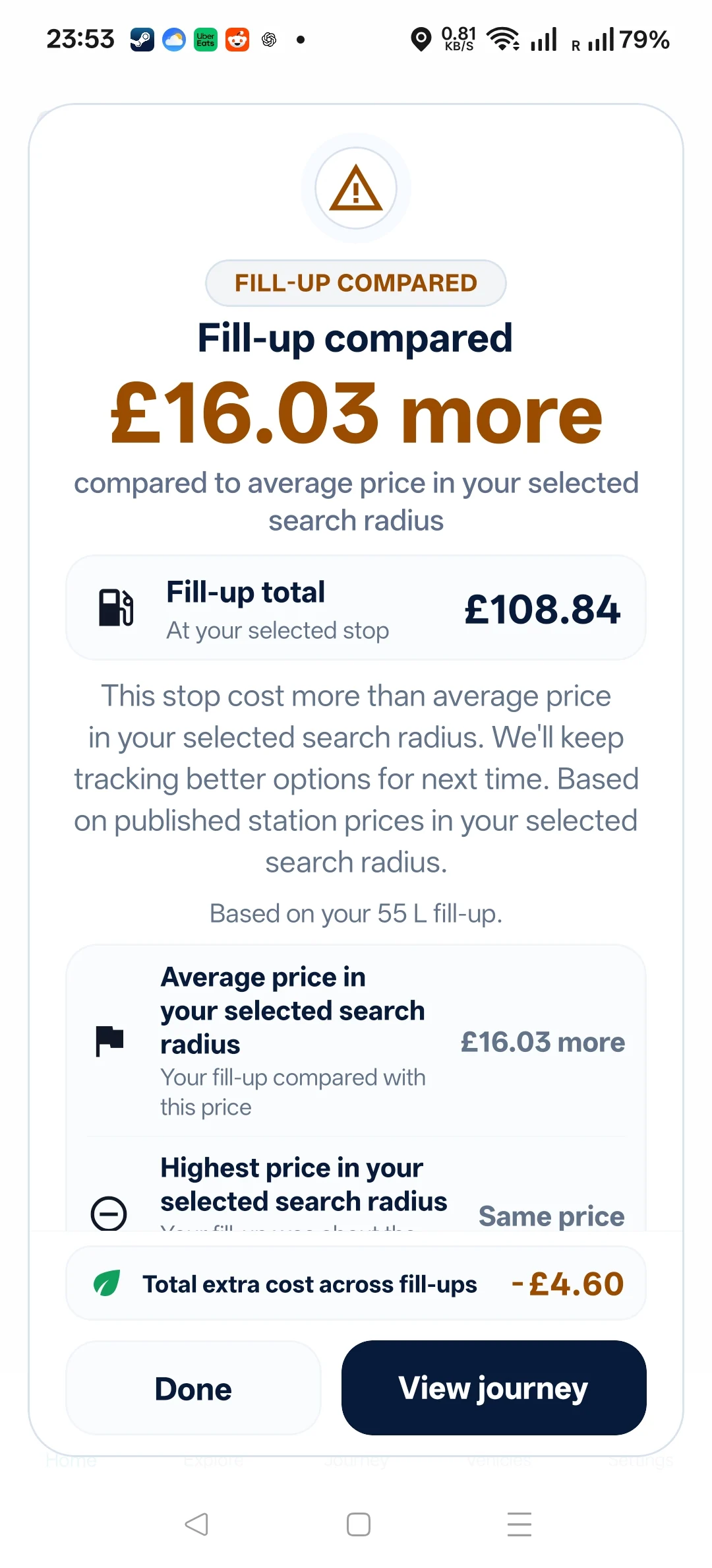 Route & Fuel Android screenshot: fill-up comparison.
