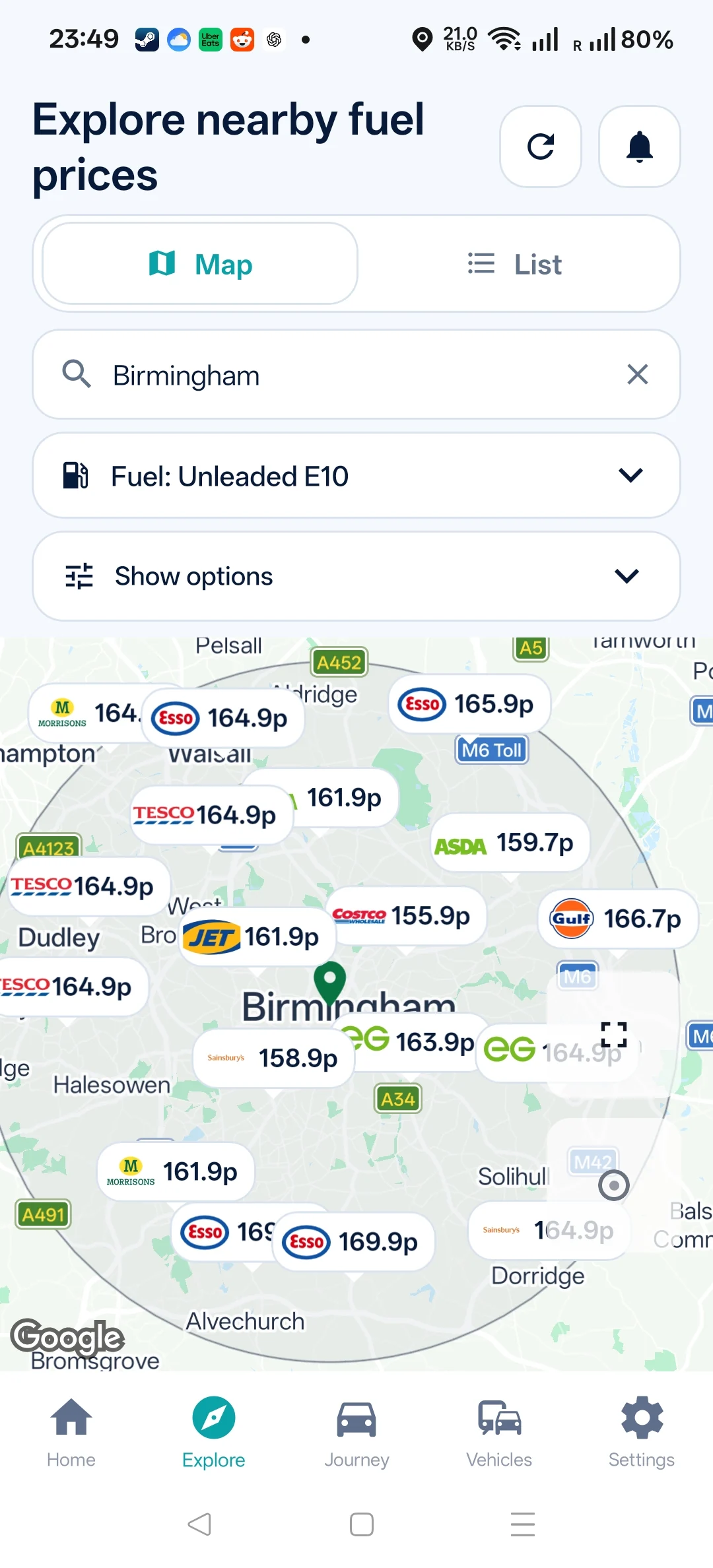 Route & Fuel Android screenshot: explore map.