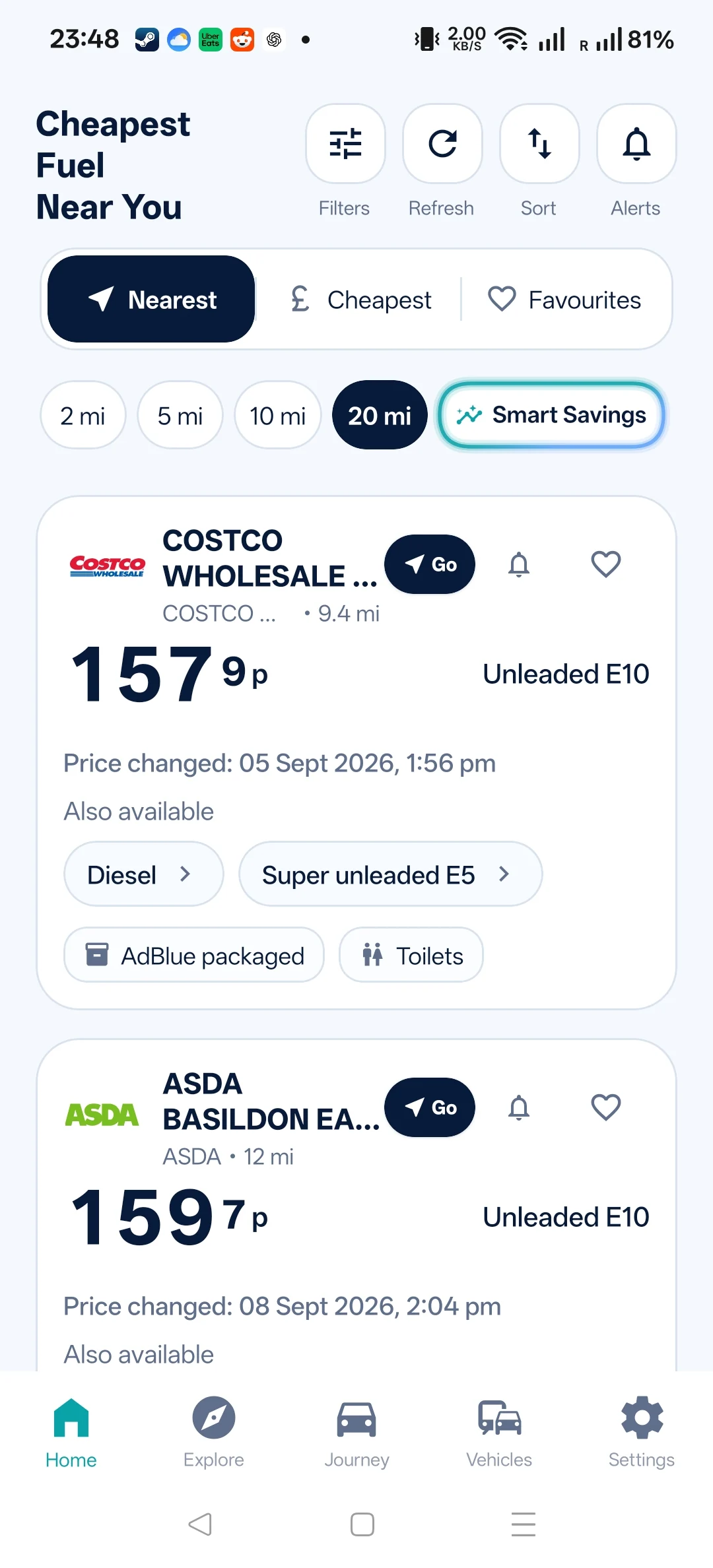 Route & Fuel Android screenshot: nearby prices.
