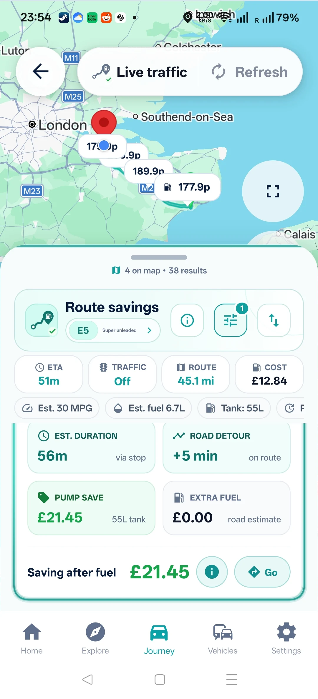 Route & Fuel Android screenshot: route savings.