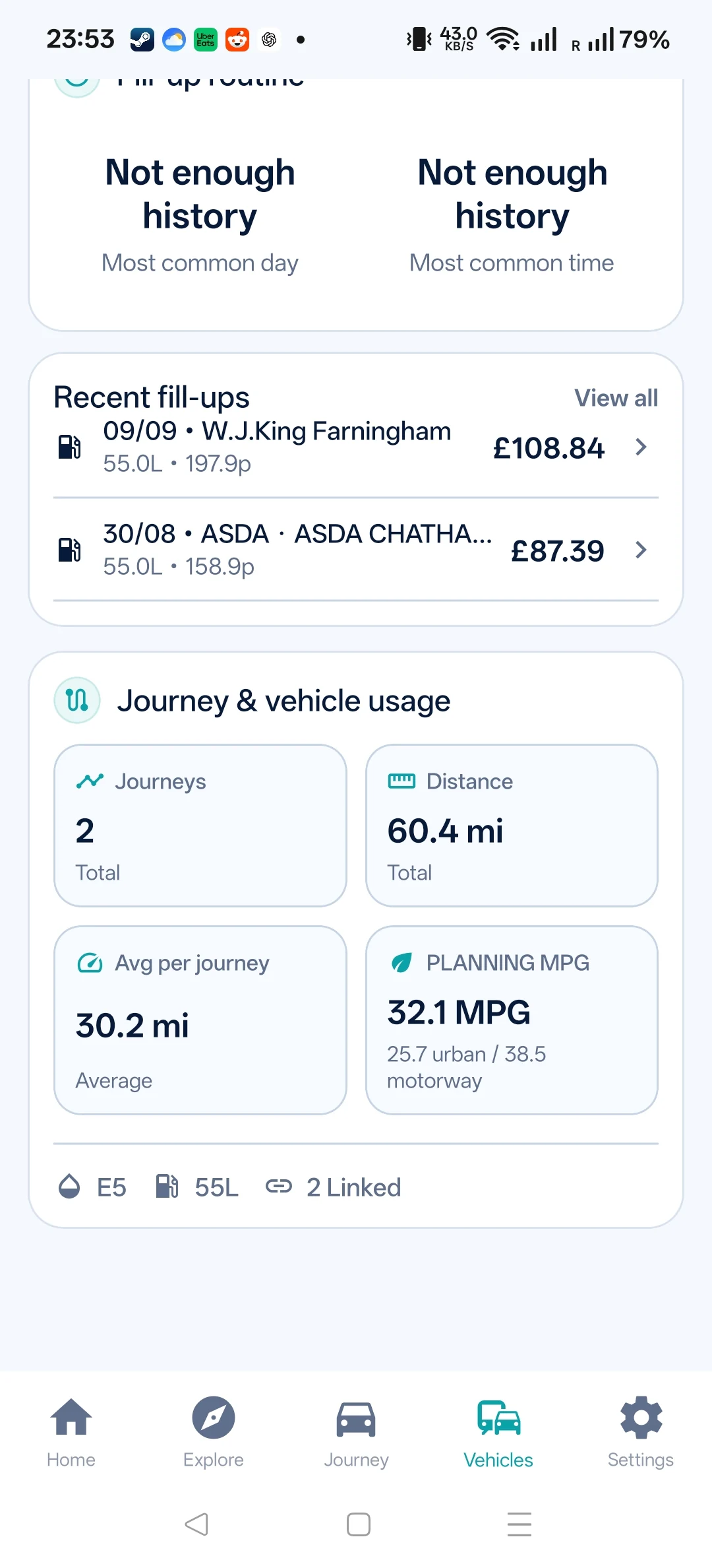 Route & Fuel Android screenshot: journey and fuel usage.