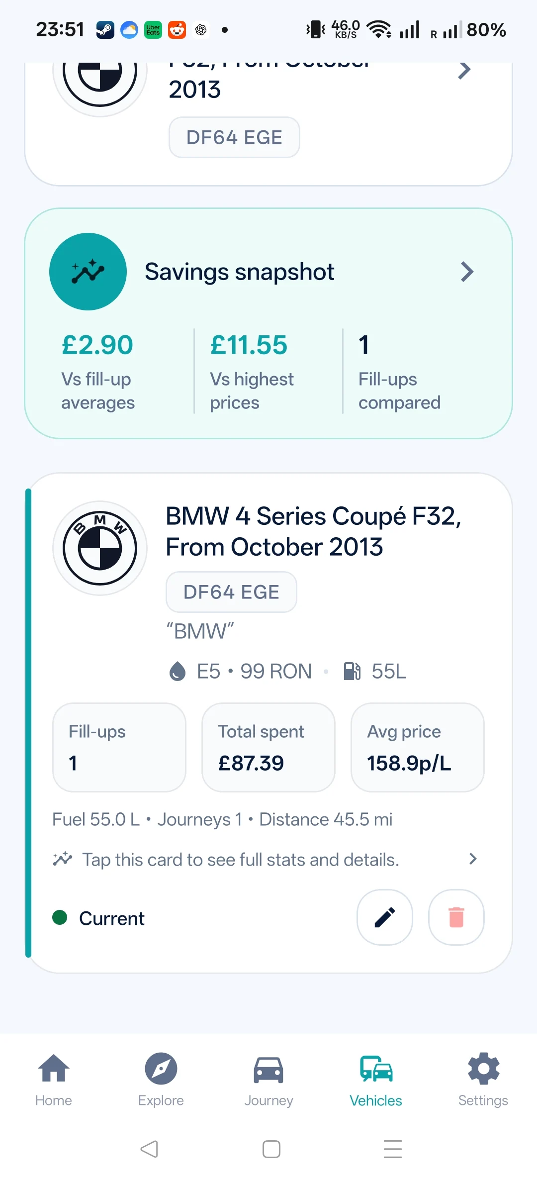 Android screenshot showing the saved vehicle, E5 99 RON preference and 55-litre tank setting.