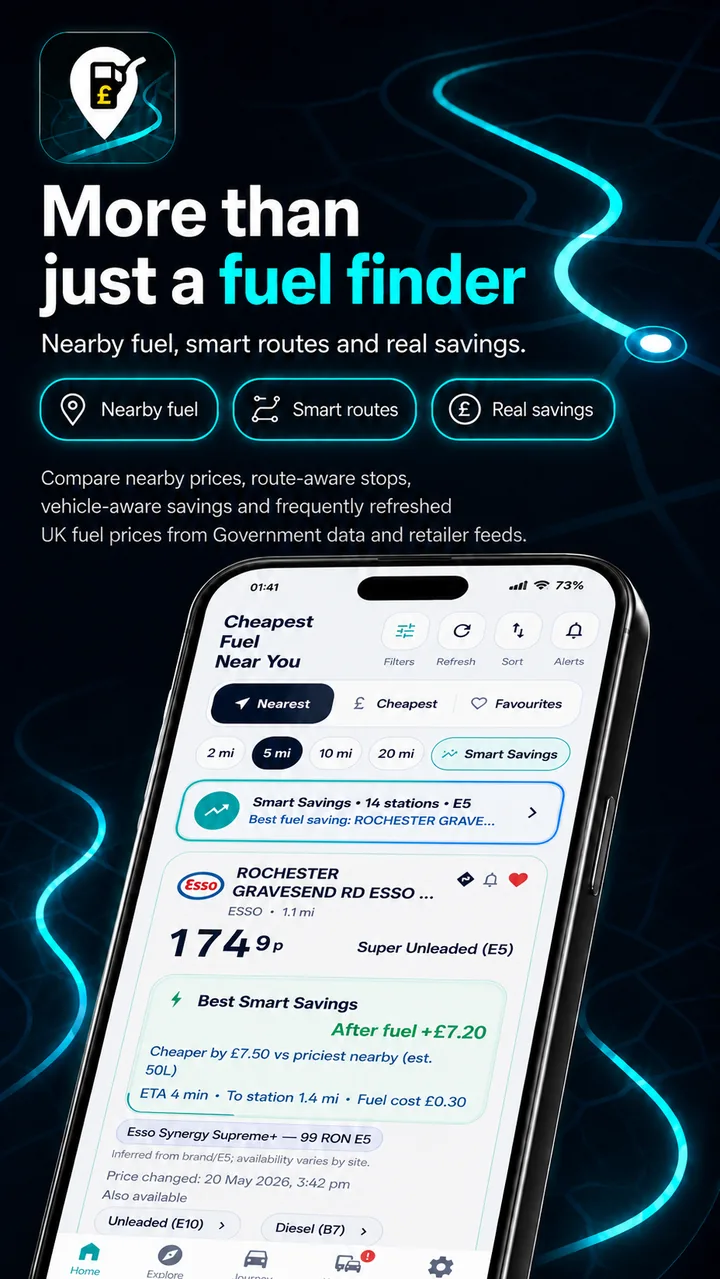 Route and Fuel Android app screens for nearby and journey fuel searches