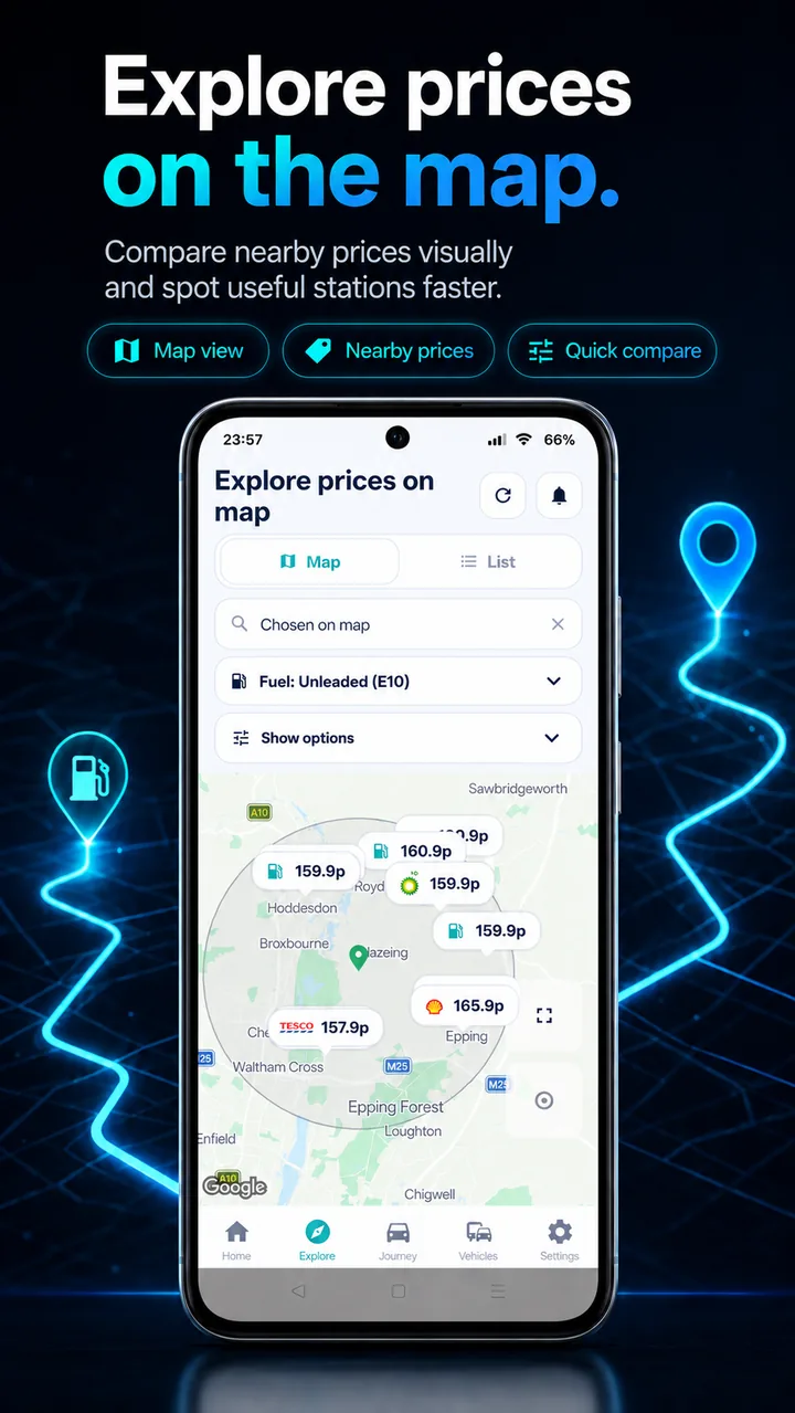 Route & Fuel app showing mapped 99 RON fuel near a driver