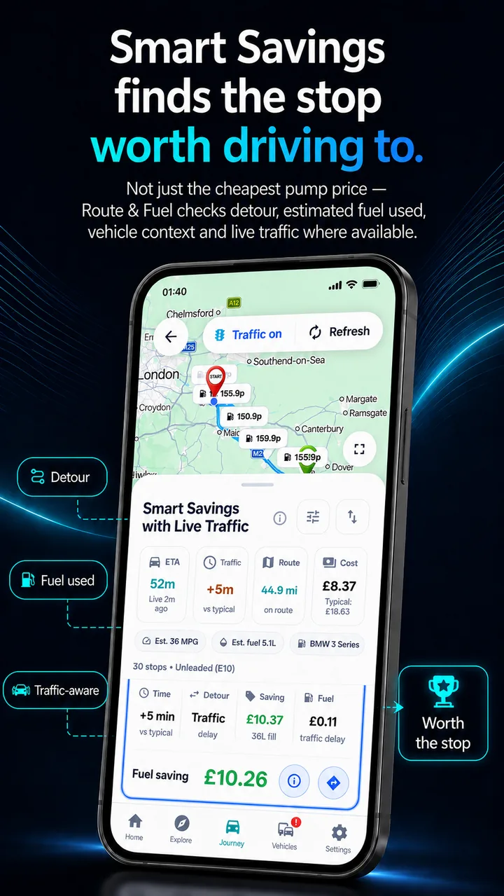 Route and Fuel app screenshot: live traffic saving check
