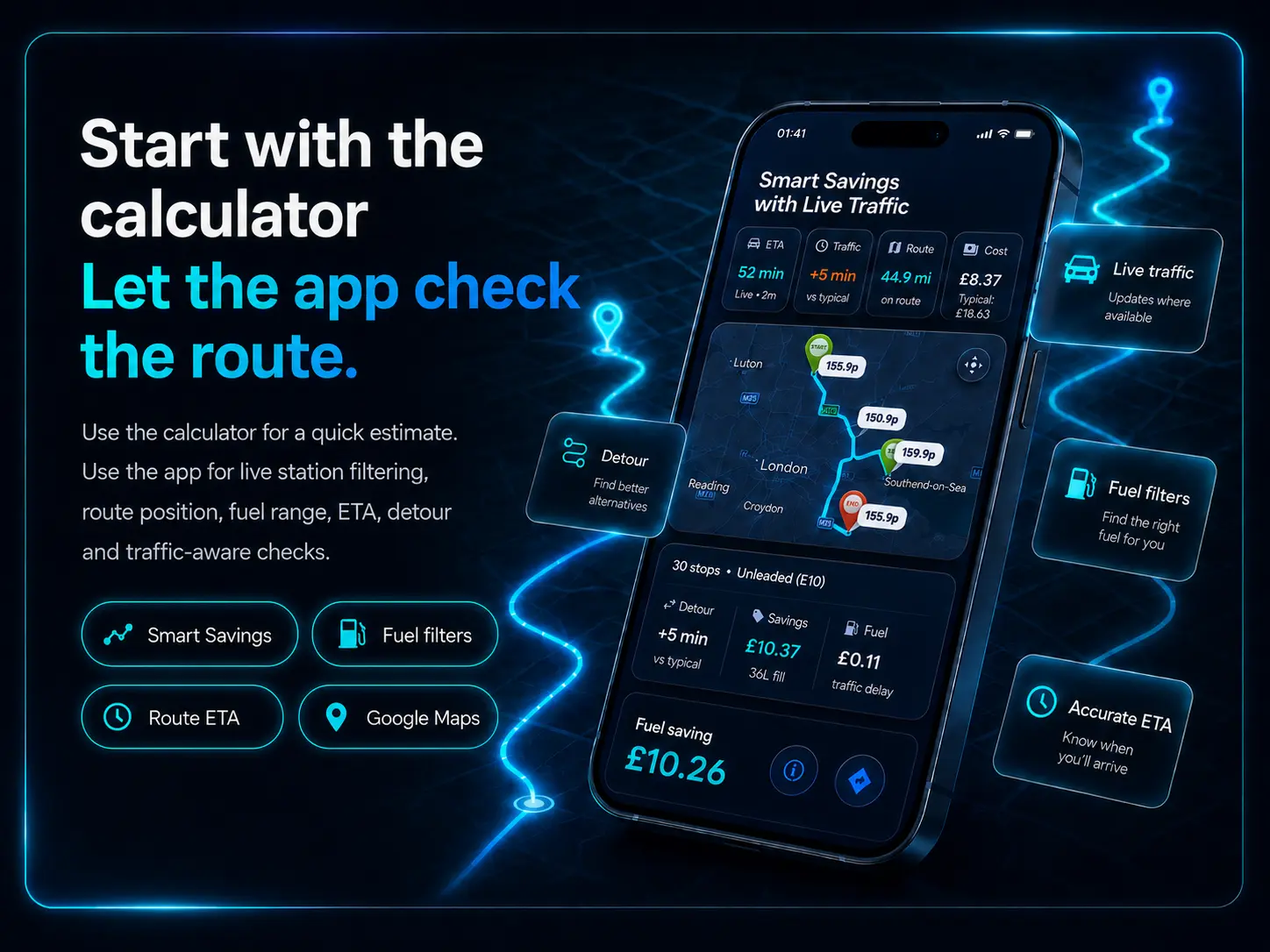 Route & Fuel app showing savings for this journey with live traffic, detour and fuel filters