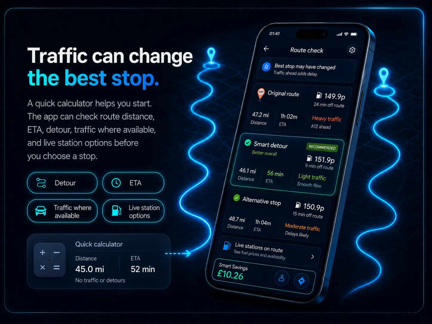 Route & Fuel app route-aware fuel saving graphic