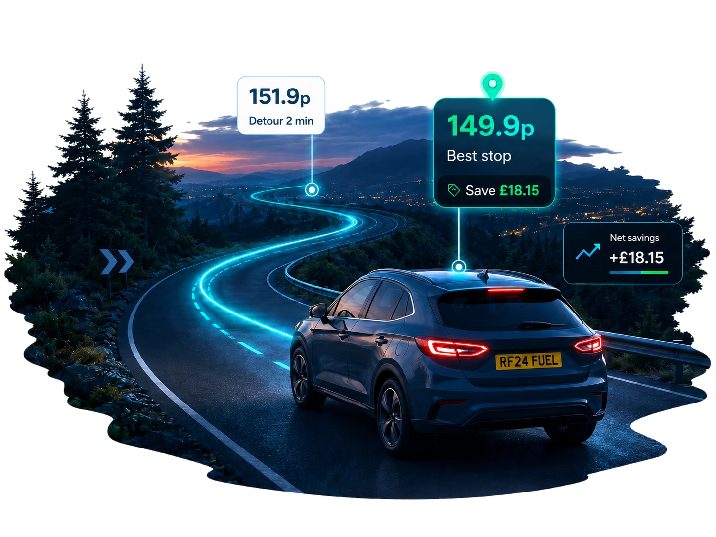 Car on a smart route with best stop savings